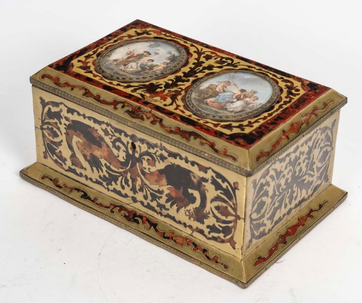Coffret En écaille De Tortue Et Marqueterie De Laiton Doré, Du 19ᵉ Siècle-photo-2