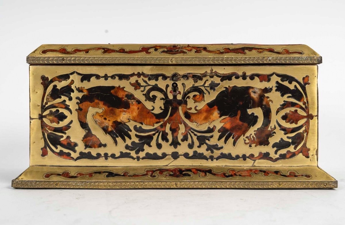 Coffret En écaille De Tortue Et Marqueterie De Laiton Doré, Du 19ᵉ Siècle-photo-2
