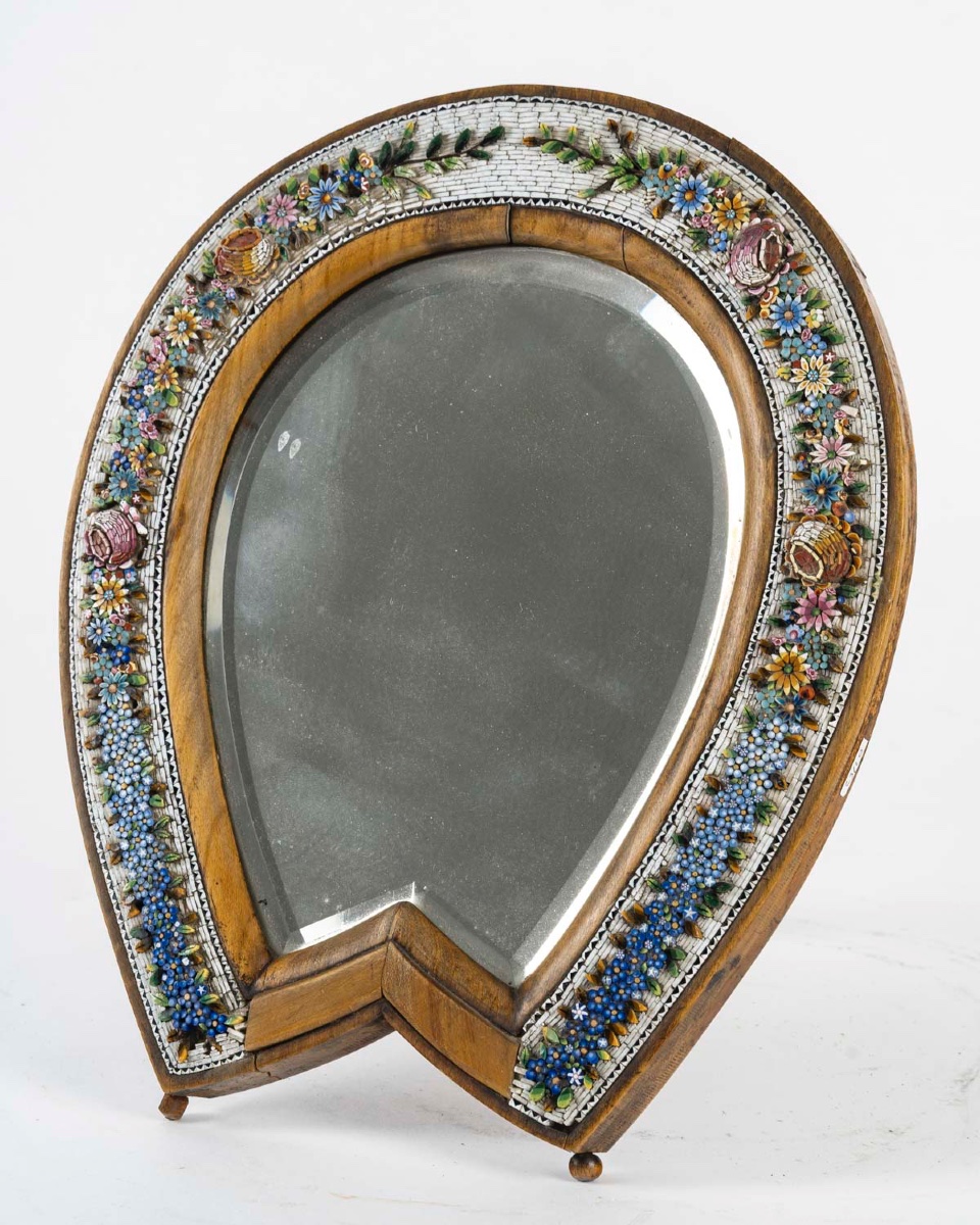 Miroir en bois couvert, Micro-mosaïque, 19e siècle-photo-2