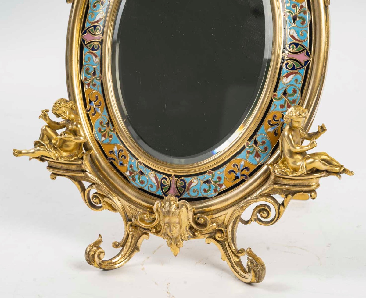 Rare miroir de table en bronze doré et émail cloisonné, 19e siècle-photo-2