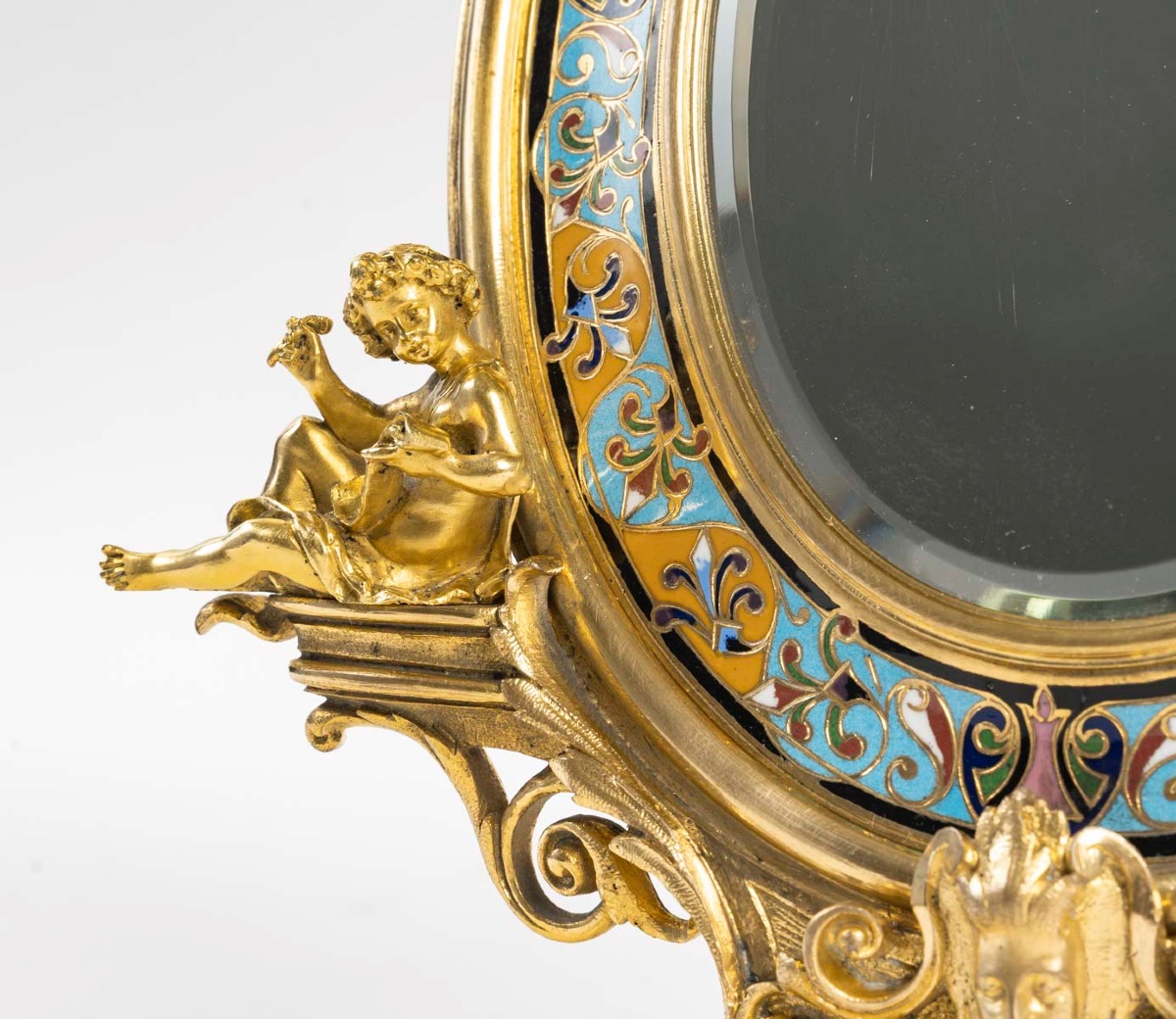 Rare miroir de table en bronze doré et émail cloisonné, 19e siècle-photo-3