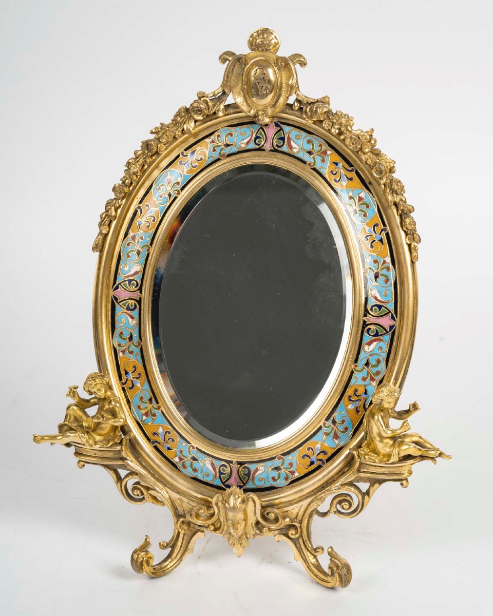 Rare miroir de table en bronze doré et émail cloisonné, 19e siècle