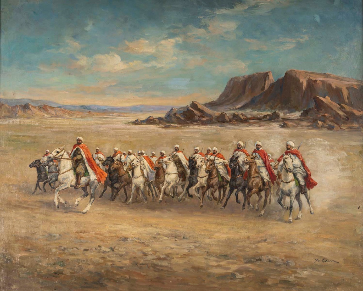 Large Scene Of Berber Horsemen In The Desert – Oil On Canvas, 19th Century-photo-2