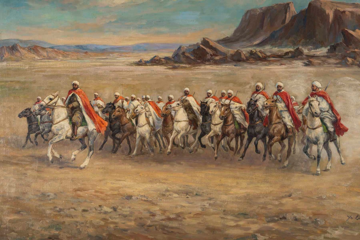 Large Scene Of Berber Horsemen In The Desert – Oil On Canvas, 19th Century-photo-3