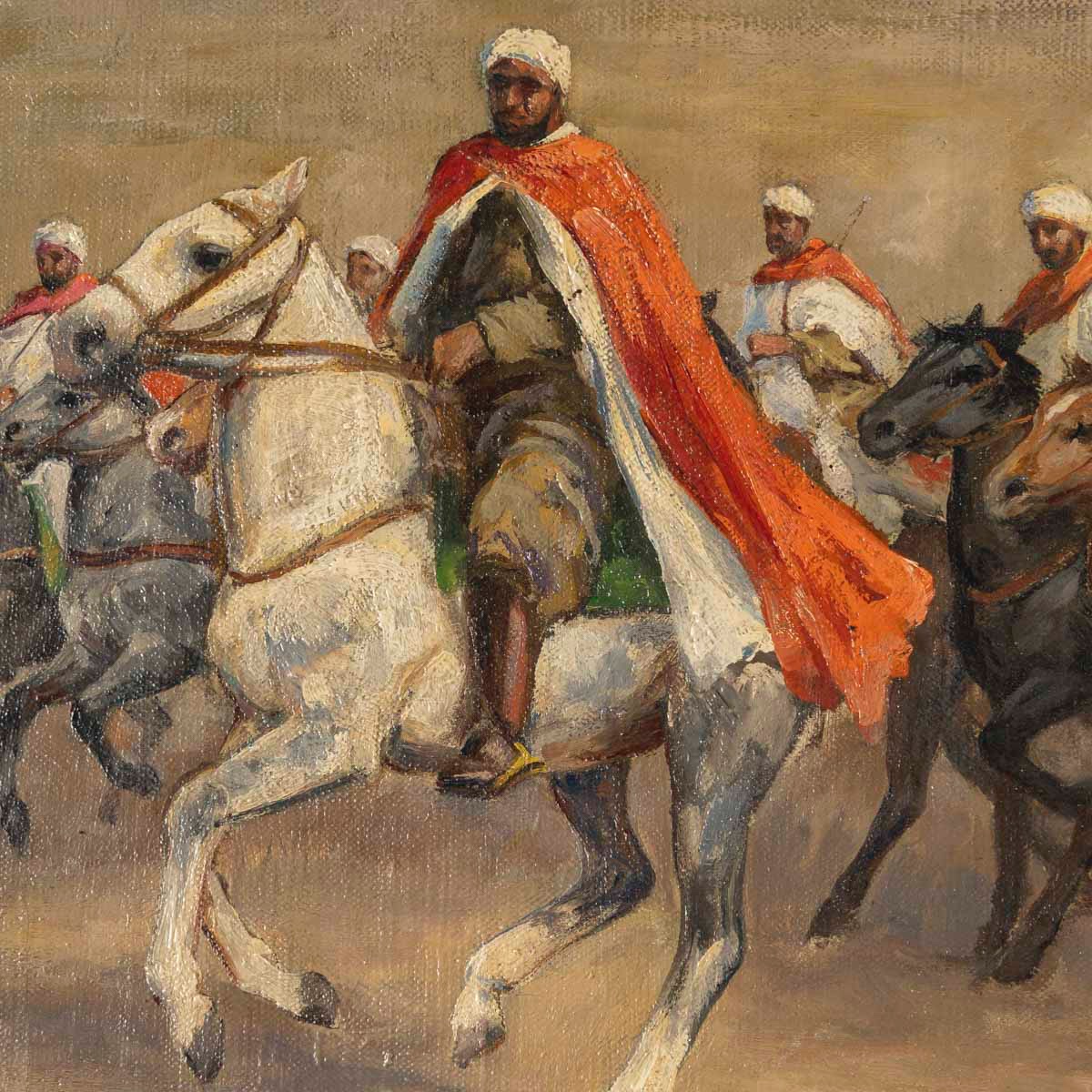 Large Scene Of Berber Horsemen In The Desert – Oil On Canvas, 19th Century-photo-3