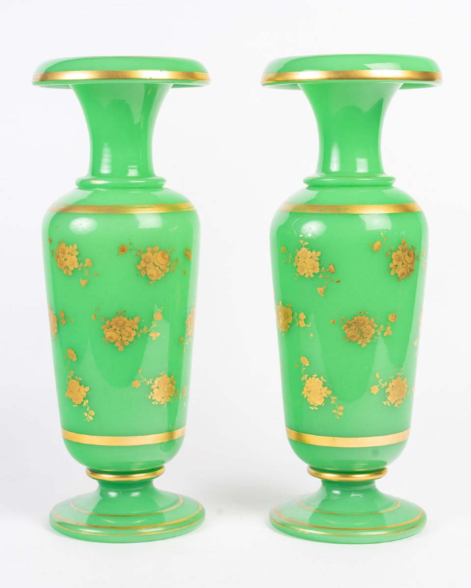 Rare Pair Of Green Opaline Vases Enhanced With Gold – Charles X Period.