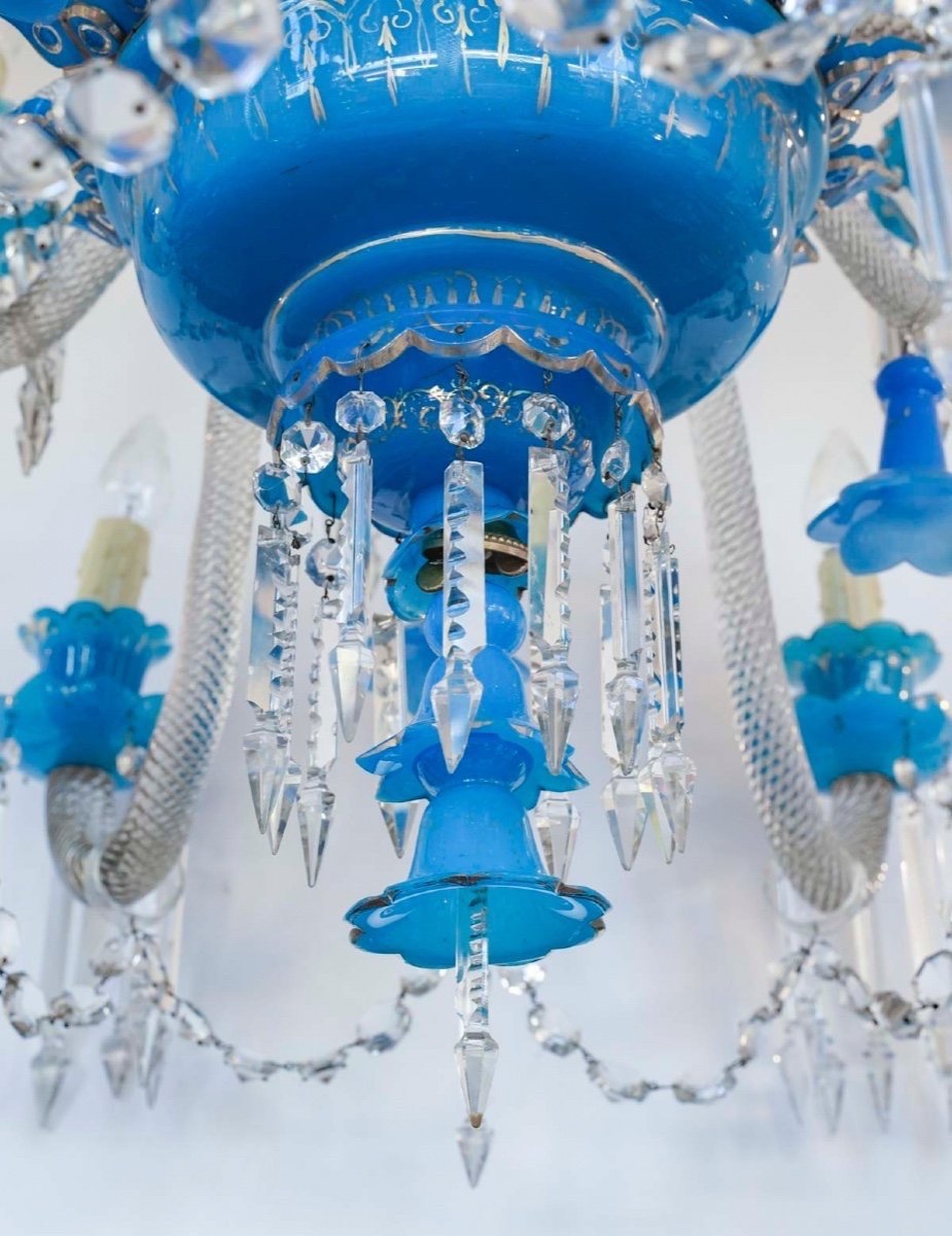 Rare lustre Baccarat en opaline bleue émaillée or – Époque Charles X-photo-3