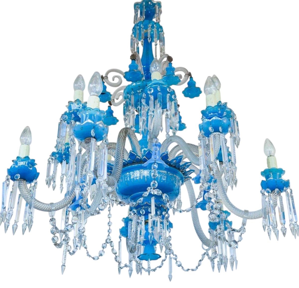 Rare lustre Baccarat en opaline bleue émaillée or – Époque Charles X