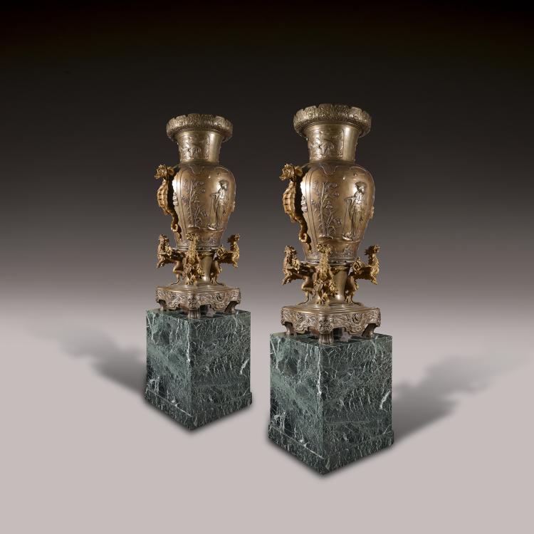 Pair Of Monumental Gilt Bronze Vases – Alban Chambon, 1900