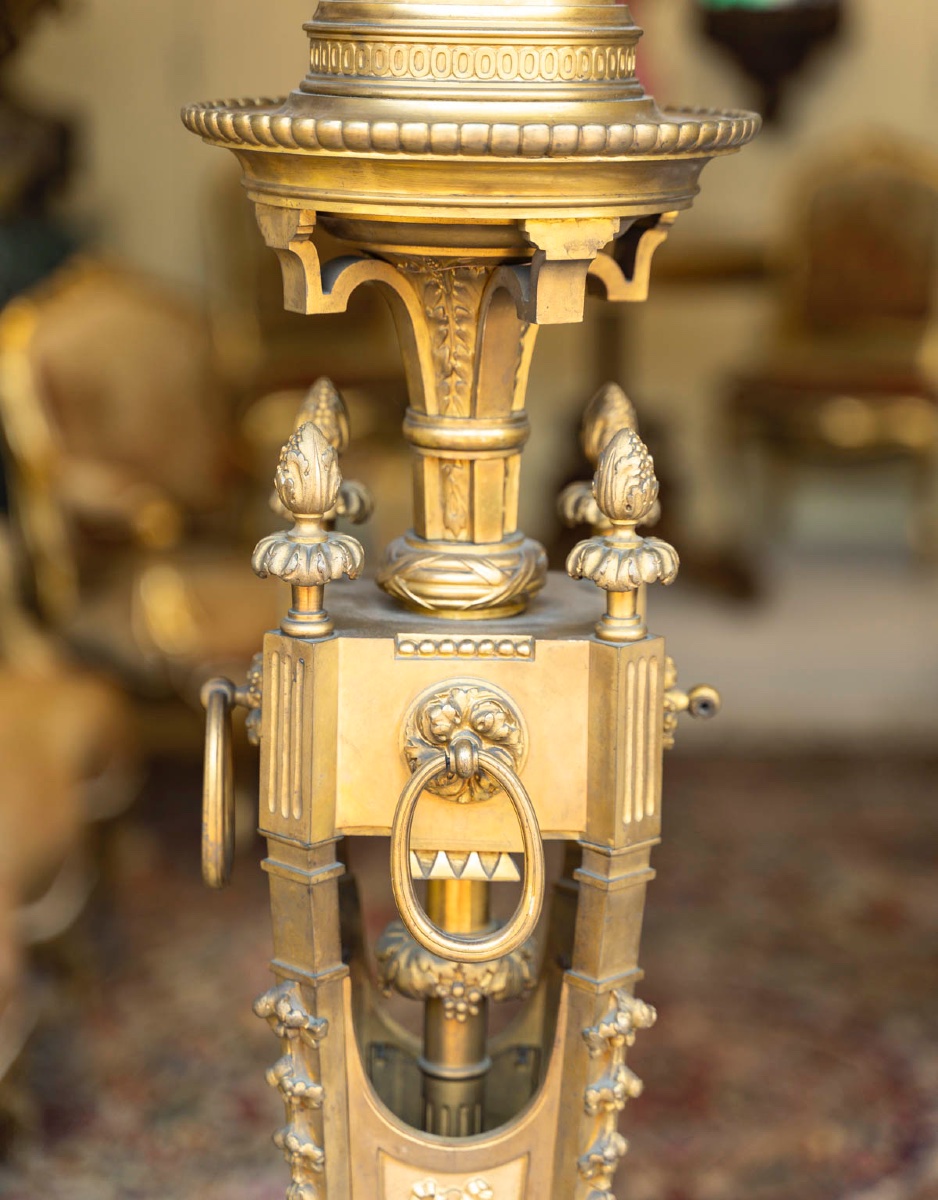 Rare Pair Of Monumental Torches In Gilded And Chiseled Bronze, Napoleon III Period.-photo-3