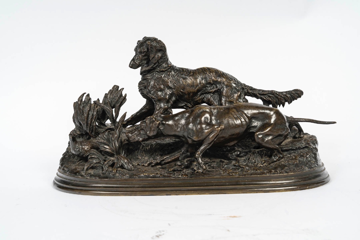 Bronze “two Dogs On The Lookout For A Partridge” After Pierre-jules Mêne (1810-1879)
