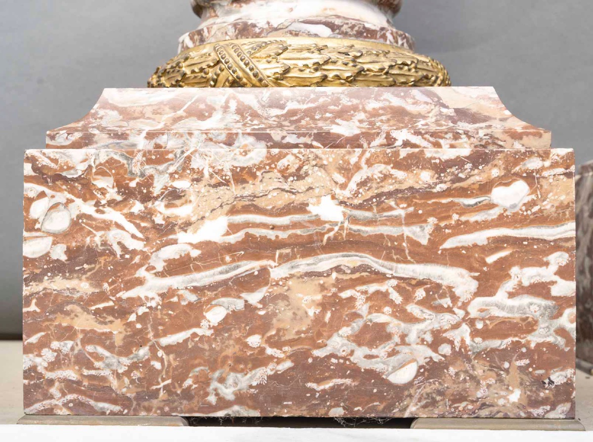 Pair Of Rance Des Flandres Marble Columns, Gilt Bronze Mounts, 19th Century-photo-4