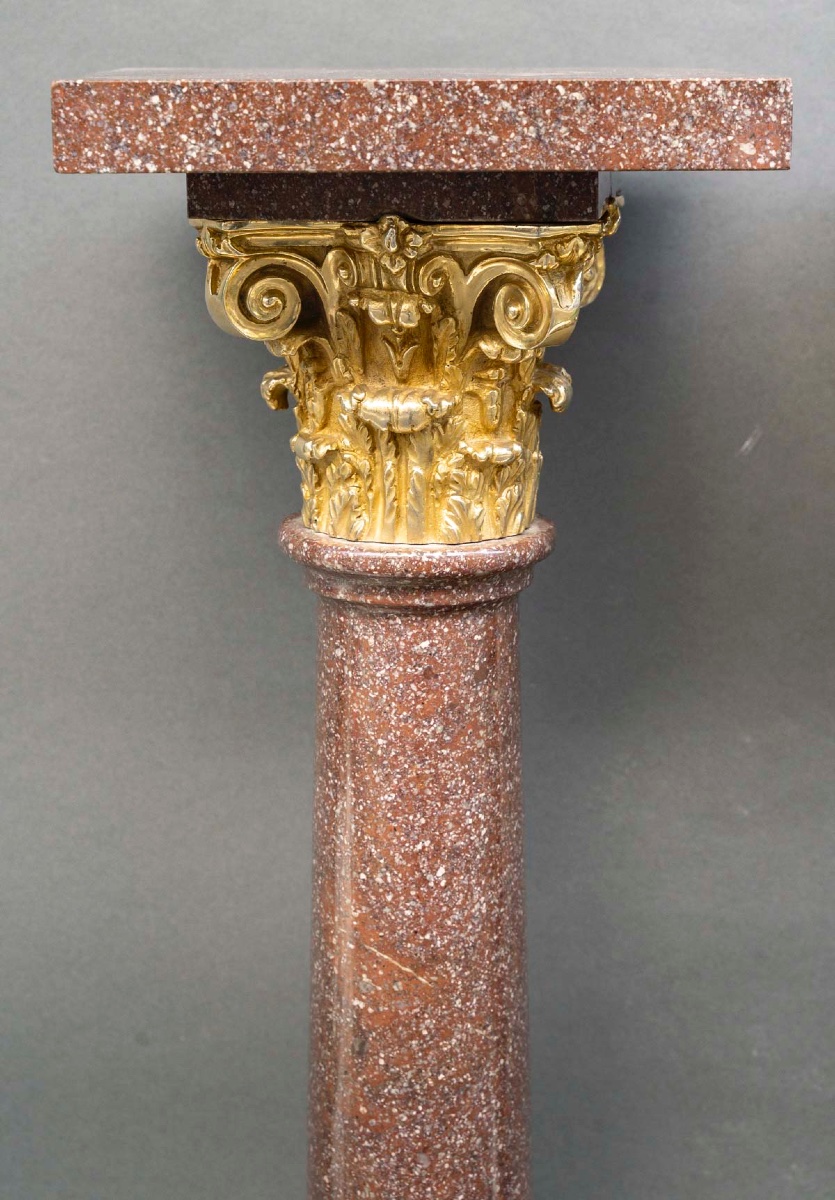 Pair Of Porphyry Marble Columns, Gilt Bronze Mounts, 19th Century-photo-2