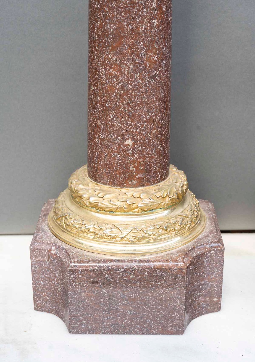 Pair Of Porphyry Marble Columns, Gilt Bronze Mounts, 19th Century-photo-3