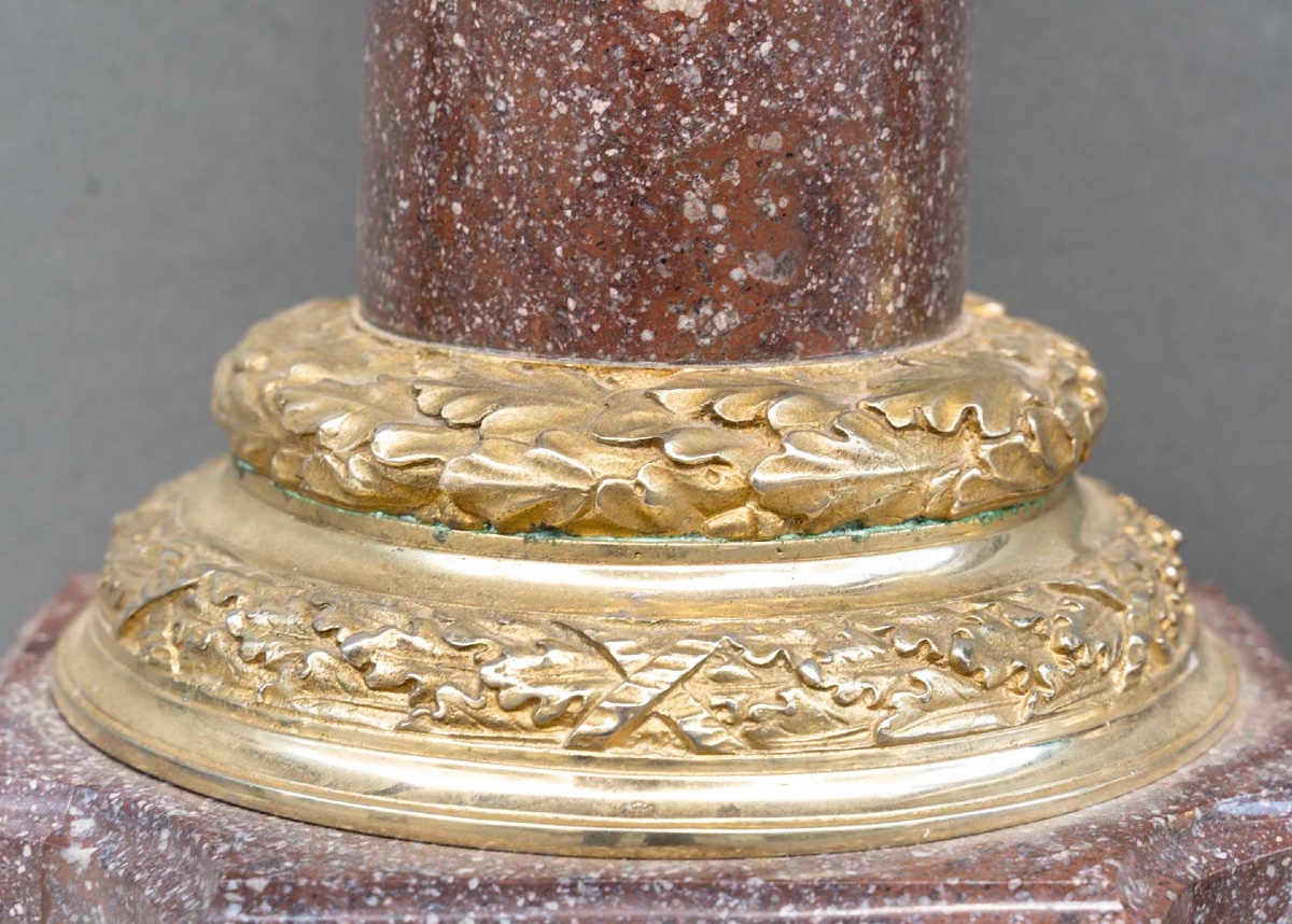 Pair Of Porphyry Marble Columns, Gilt Bronze Mounts, 19th Century-photo-1