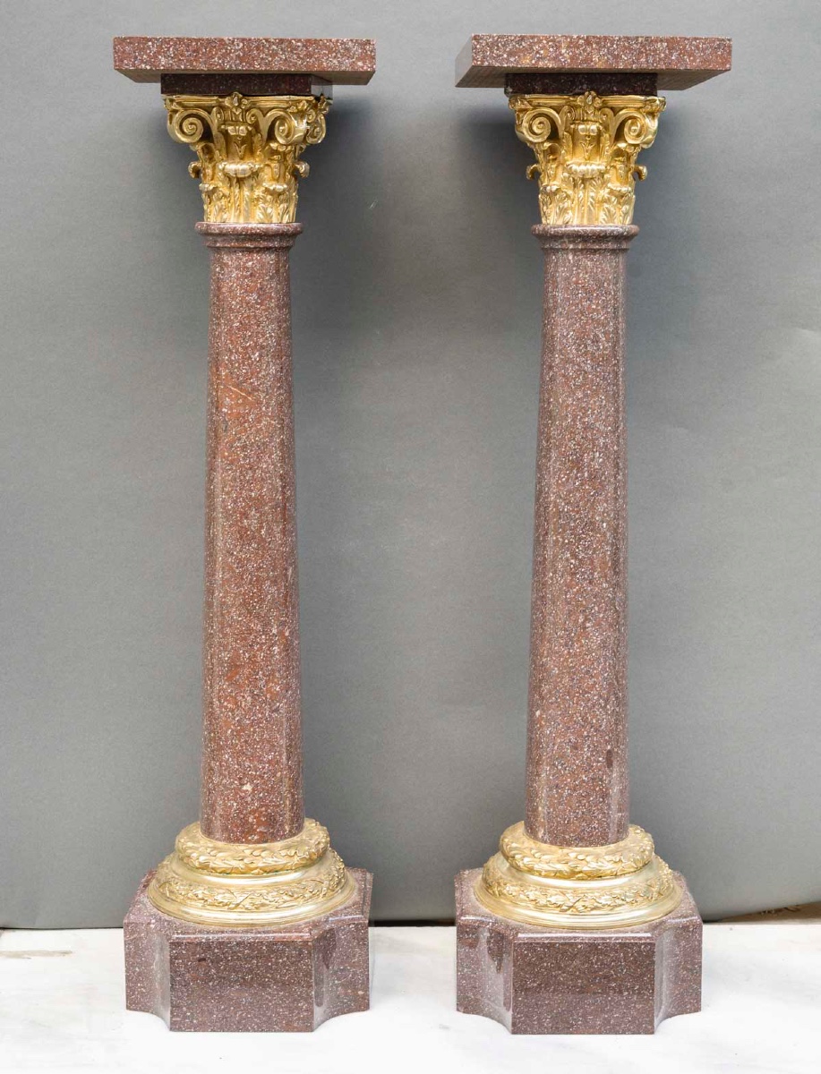 Pair Of Porphyry Marble Columns, Gilt Bronze Mounts, 19th Century