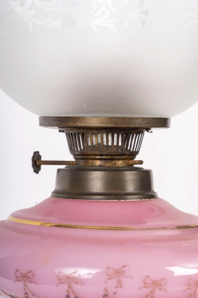 Duo de lampes à pétrole en opaline rose – 19e siècle-photo-3