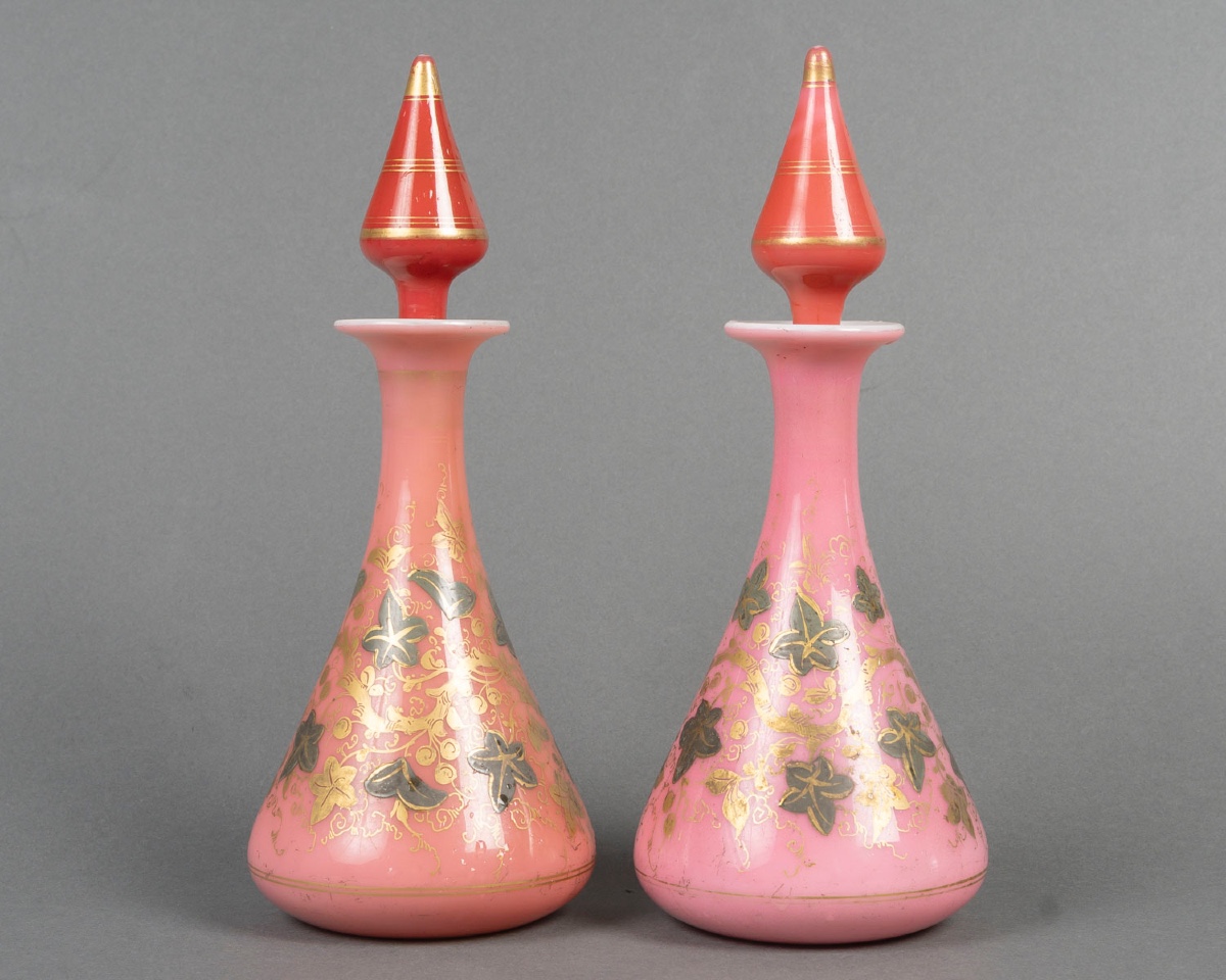 Rare Pair Of White And Pink Opaline Overlay Bottles, Enameled With Gold – 19th Century