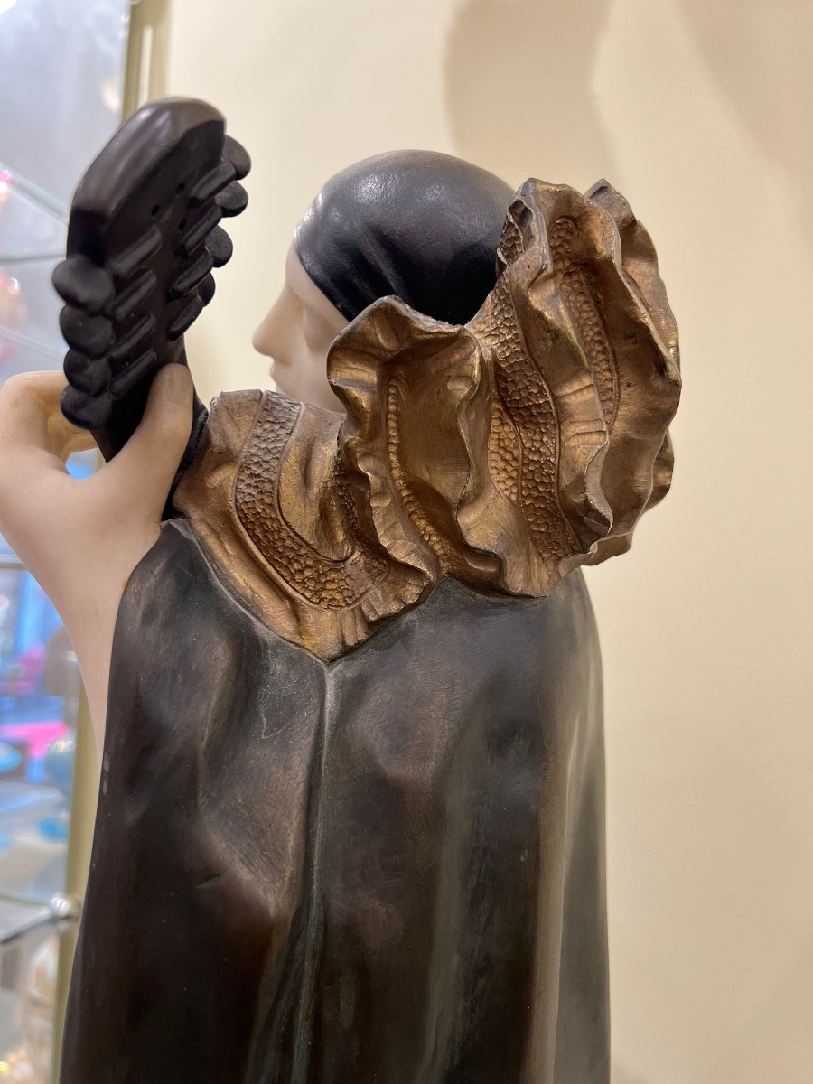 Rare Bronze Sculpture On A Carrara Marble Base "pierrot – The Serenade"-photo-2