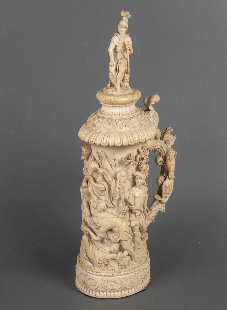 Rare tankard allemand en ivoire sculpté, scène de bataille, 19ᵉ siècle-photo-2