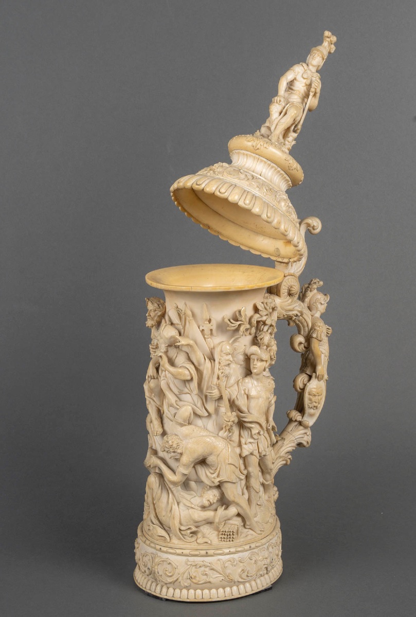 Rare tankard allemand en ivoire sculpté, scène de bataille, 19ᵉ siècle-photo-3