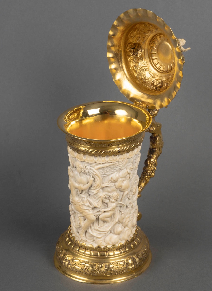Rarissime tankard en argent doré (vermeil) et ivoire sculpté, 19ᵉ siècle-photo-2