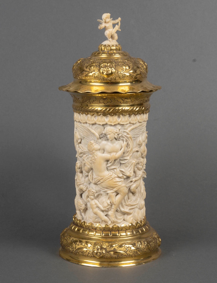 Rarissime tankard en argent doré (vermeil) et ivoire sculpté, 19ᵉ siècle-photo-3