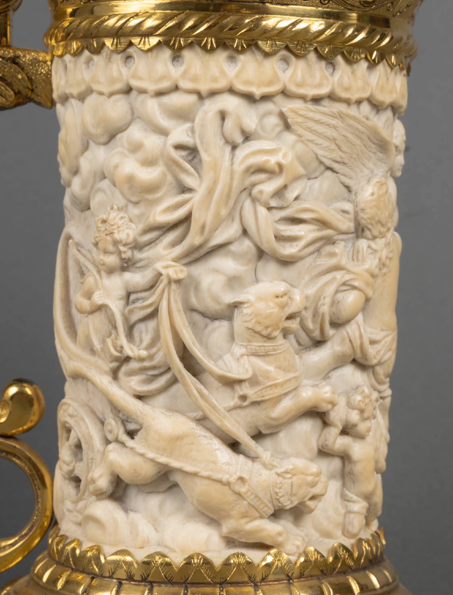 Rarissime tankard en argent doré (vermeil) et ivoire sculpté, 19ᵉ siècle-photo-3
