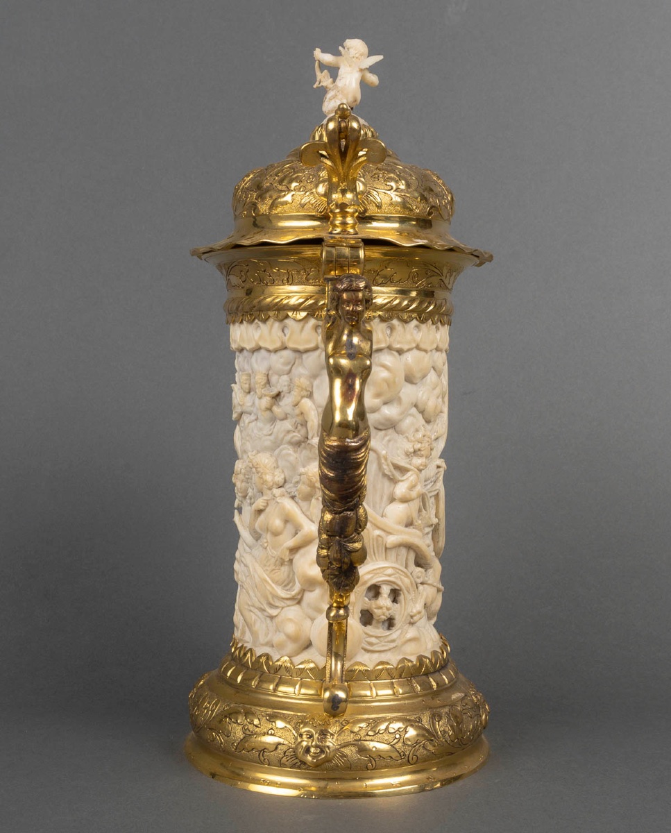 Rarissime tankard en argent doré (vermeil) et ivoire sculpté, 19ᵉ siècle-photo-4