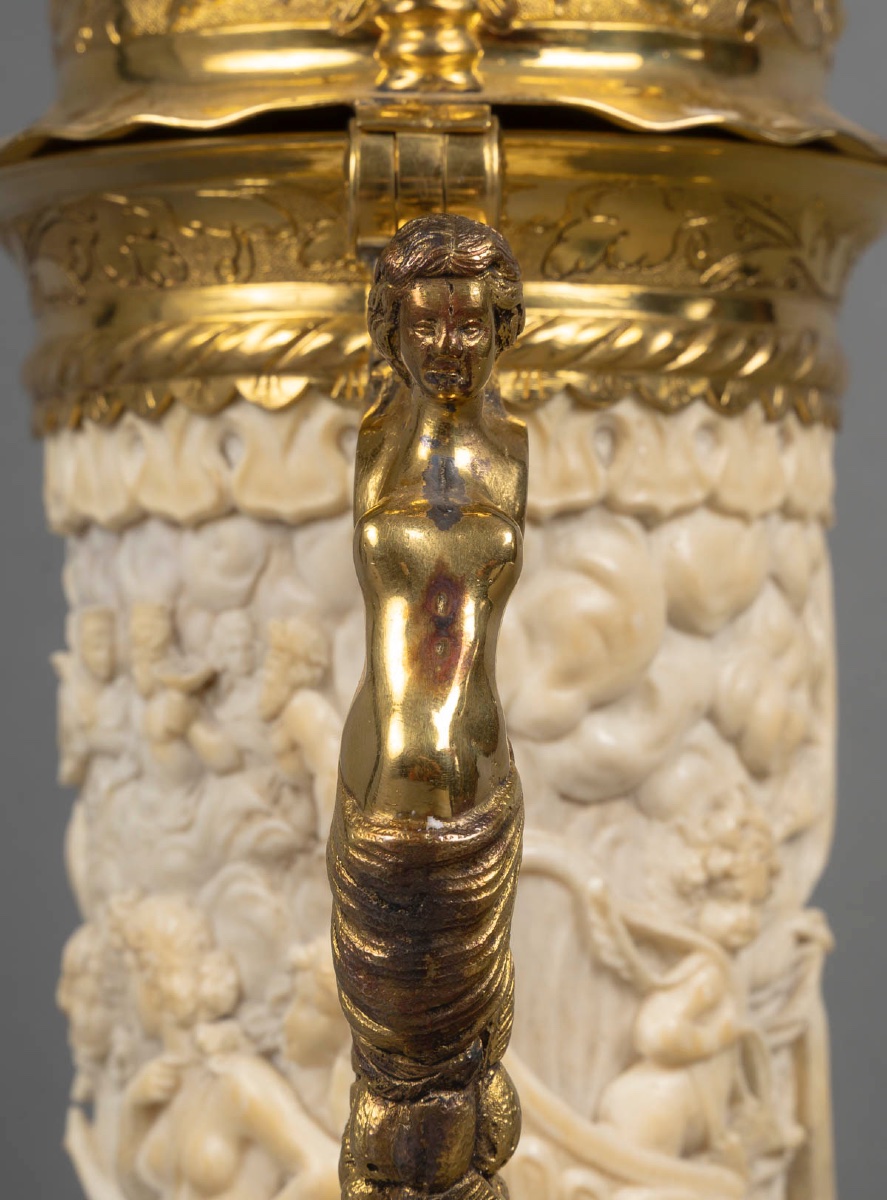 Rarissime tankard en argent doré (vermeil) et ivoire sculpté, 19ᵉ siècle-photo-5
