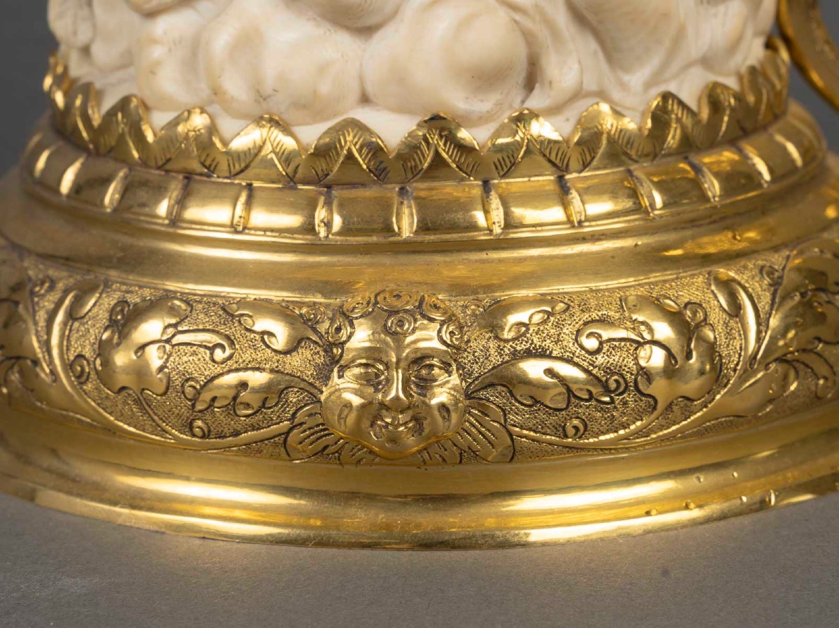 Rarissime tankard en argent doré (vermeil) et ivoire sculpté, 19ᵉ siècle-photo-1