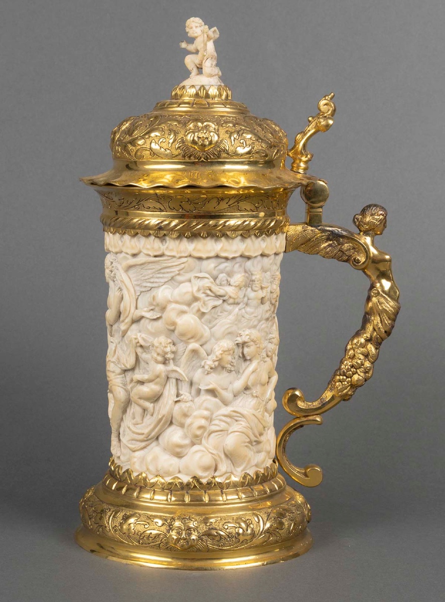 Rarissime tankard en argent doré (vermeil) et ivoire sculpté, 19ᵉ siècle