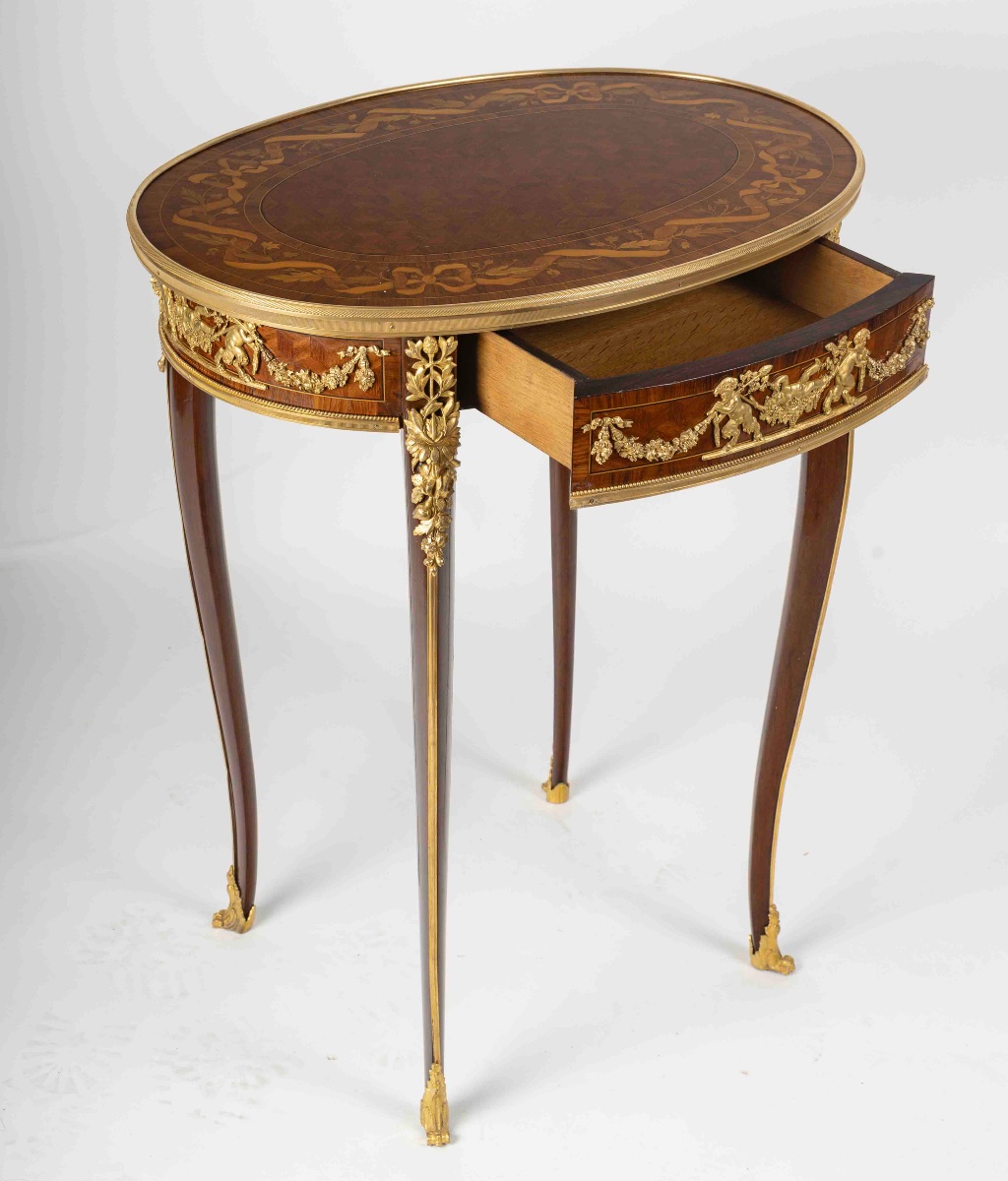 Table de salon ovale en placage de bois, style François Linke, 19ᵉ siècle-photo-2