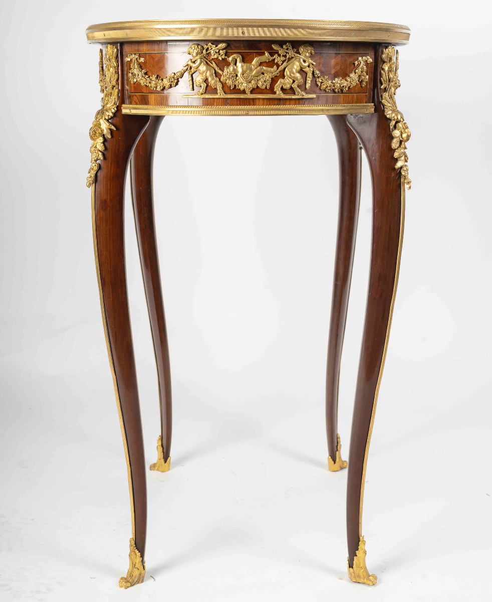 Table de salon ovale en placage de bois, style François Linke, 19ᵉ siècle-photo-3