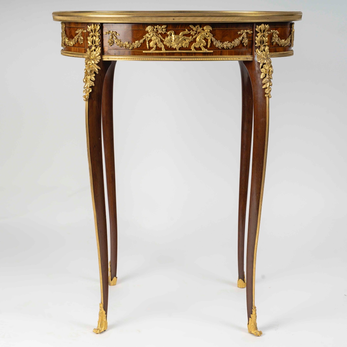 Table de salon ovale en placage de bois, style François Linke, 19ᵉ siècle-photo-1