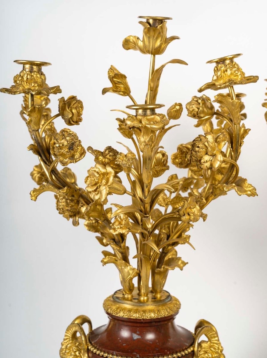 Ferdinand Barbedienne, Paire de candélabres en marbre Rossi-Antico, 19ᵉ siècle-photo-4