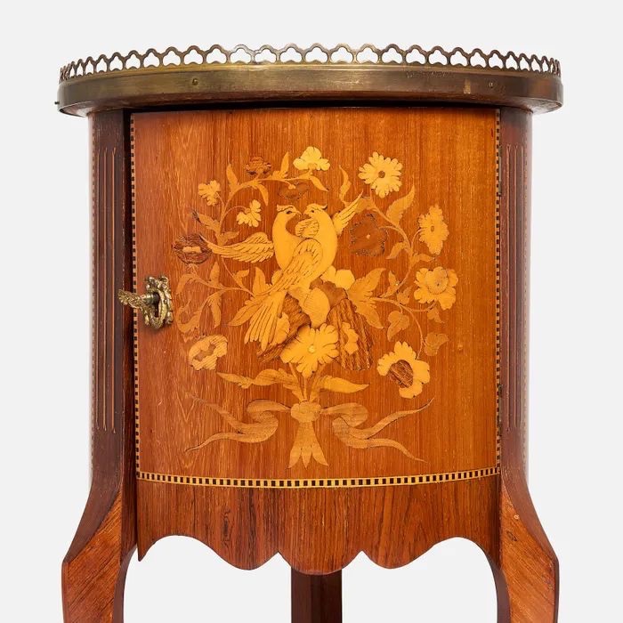 Paire de tables tambour de style Transition en bois précieux et bronze doré-photo-2