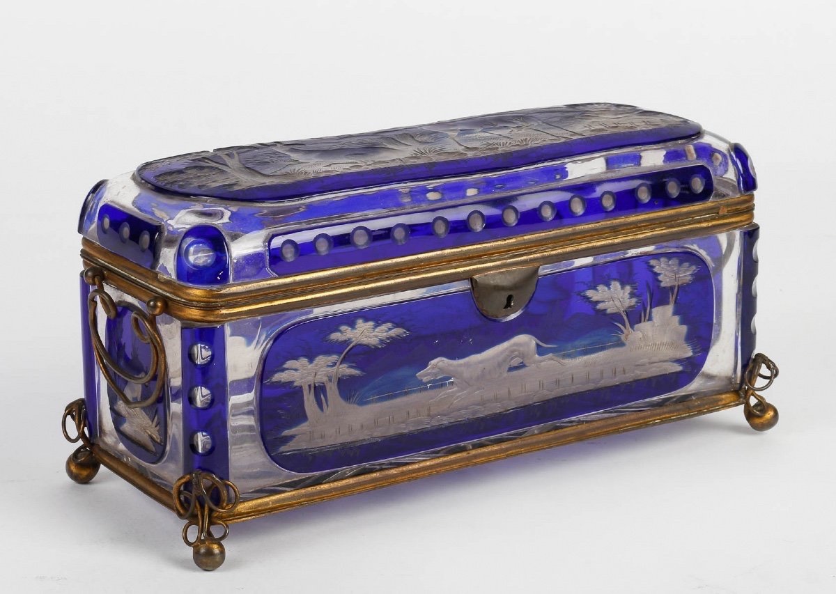 Hand-engraved Blue Bohemian Crystal Chest – 19th Century