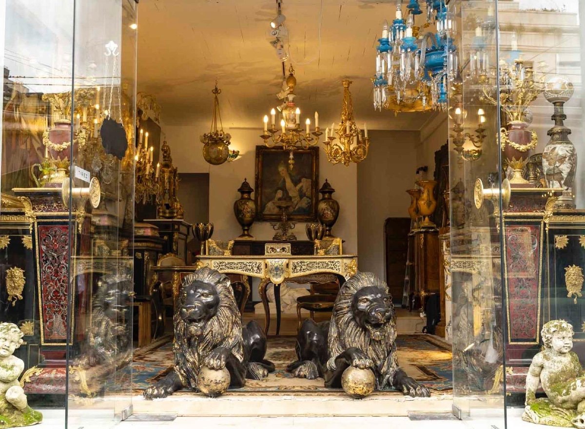 Rare paire de lions en bronze patiné et doré – 19ᵉ siècle-photo-4