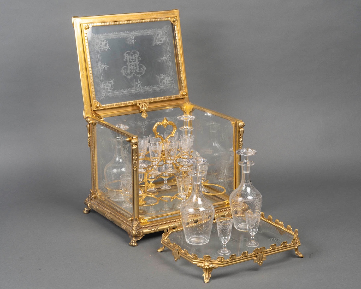 Rare Japanese-style Gilt Bronze Liquor Cabinet — Saint-louis Crystal