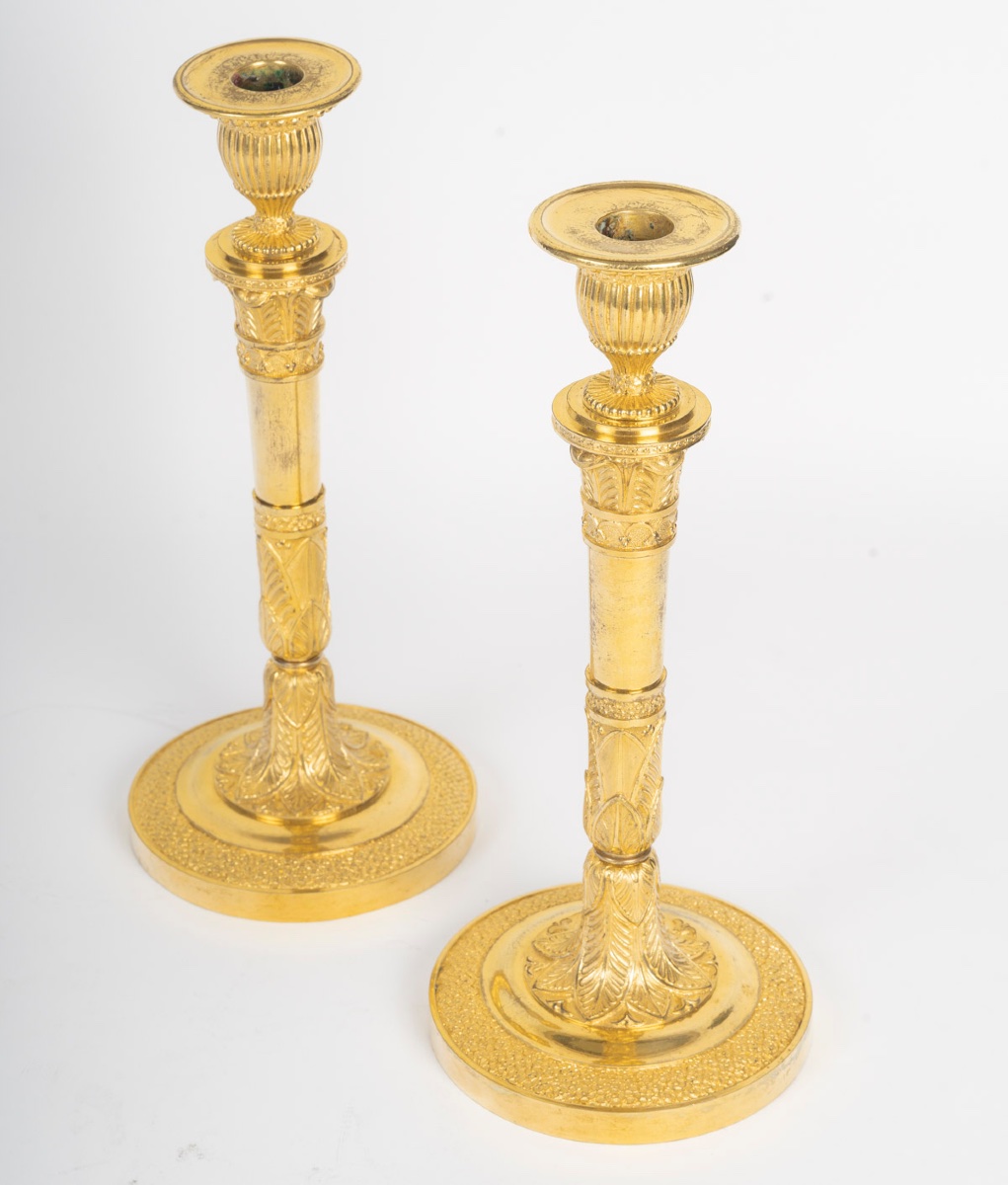 Paire de bougeoirs Empire en bronze doré - 19e siècle -photo-3
