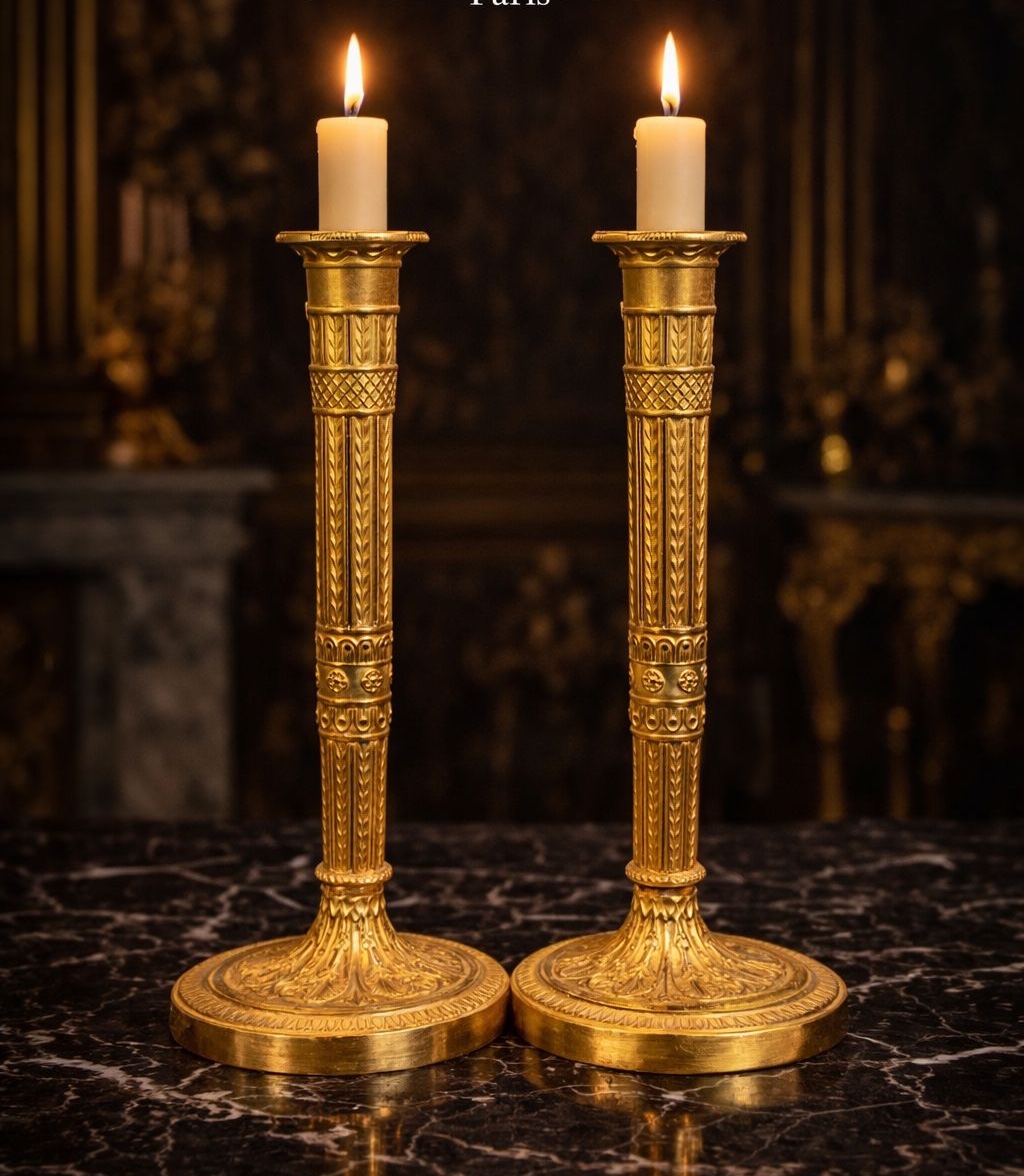 Paire de bougeoirs en bronze doré - Empire - 1805–1815