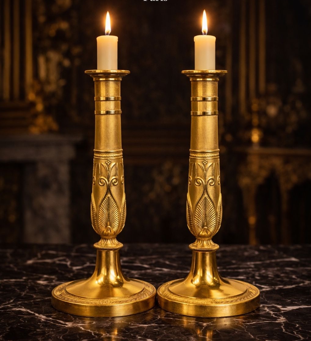 Paire de bougeoirs en bronze doré au mercure, époque Empire