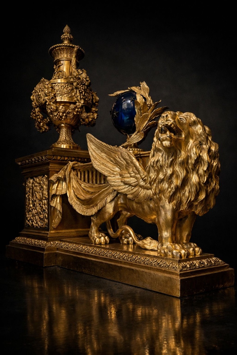 Pair Of Louis XVI Style Gilt Bronze Andirons "with Winged Lions", Paris, Maison Beurdeley-photo-7