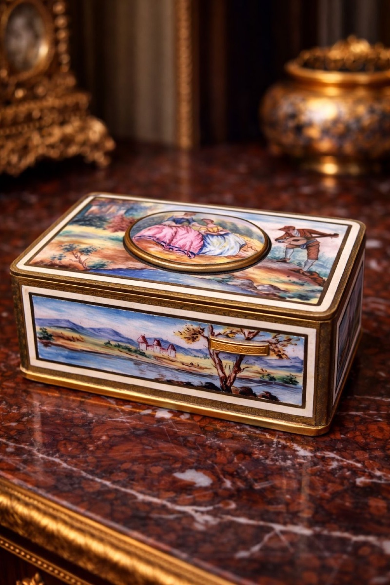 Boîte à musique en bronze doré et émail polychrome – Suisse-photo-3