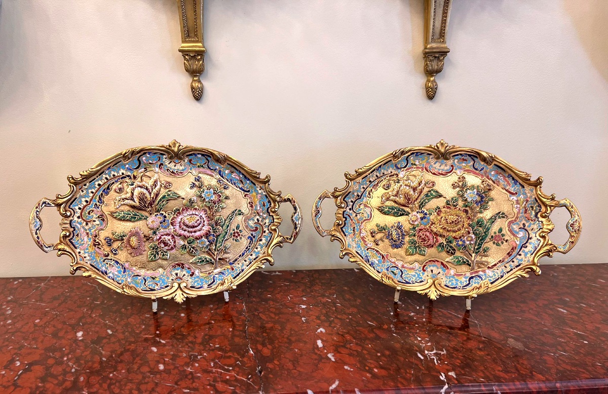 Pair Of Gilt Bronze And Polychrome Cloisonné Enamel Trays, Attributed To Alphonse Giroux -photo-4