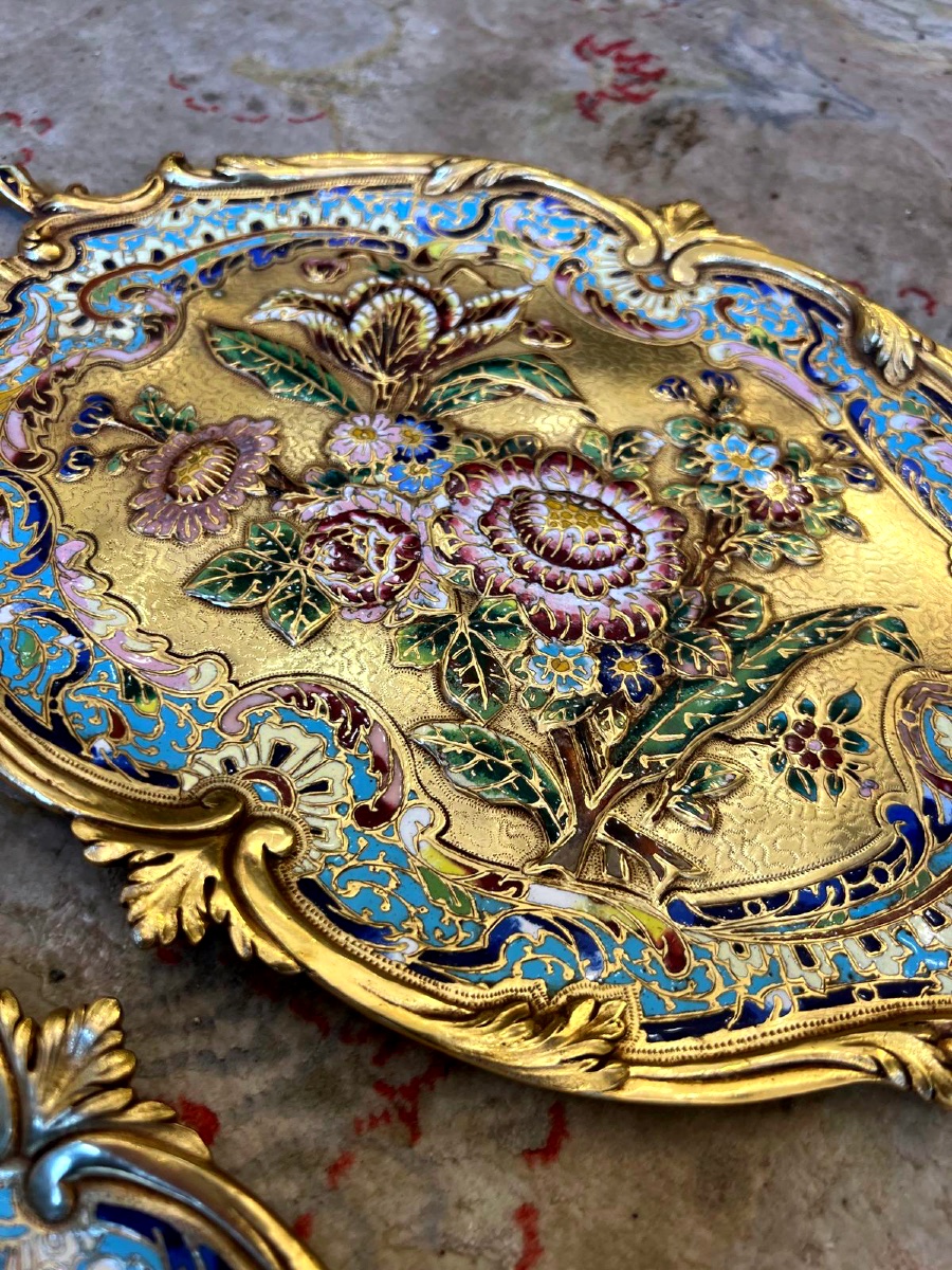 Pair Of Gilt Bronze And Polychrome Cloisonné Enamel Trays, Attributed To Alphonse Giroux -photo-1