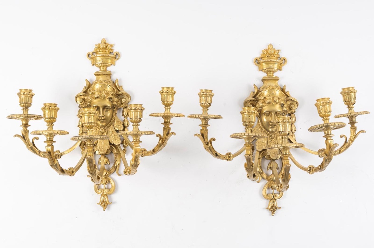 Pair Of Five-light Gilt Bronze Wall Sconces, 19th Century