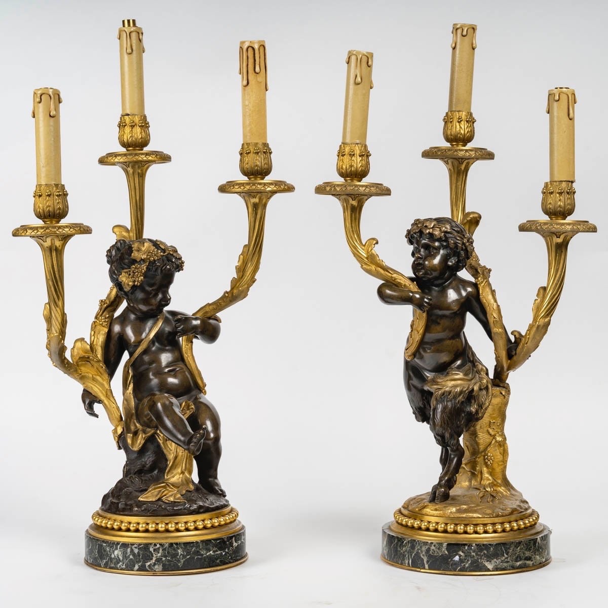 Pair Of Gilt And Patinated Bronze Candelabra, In The Style Of Clodion, 19th Century