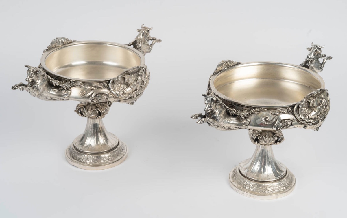 Pair Of Silver-plated Bronze Bowls On Pedestals, France, 1881-photo-2